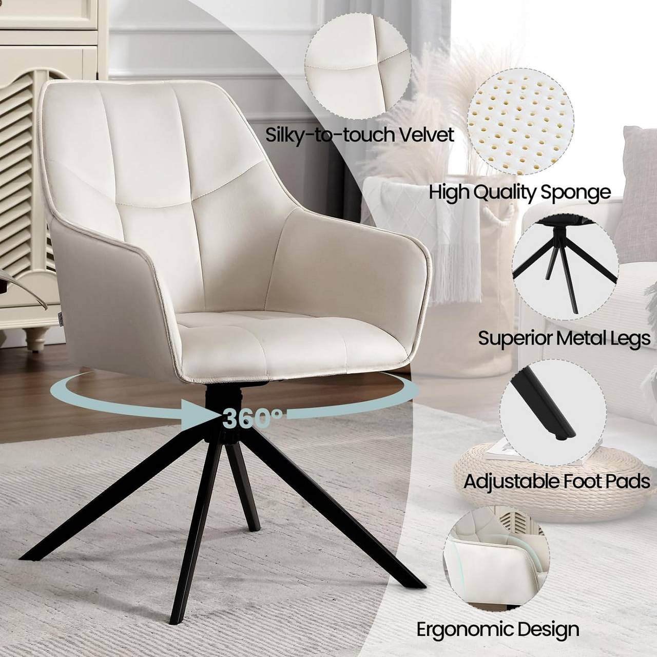 24goodz Swivel Dining Chair - 360° Rotatable - Ergonomically Padded - Velvet & Metal - Cream - 58 x 86 x 63.5 cm
