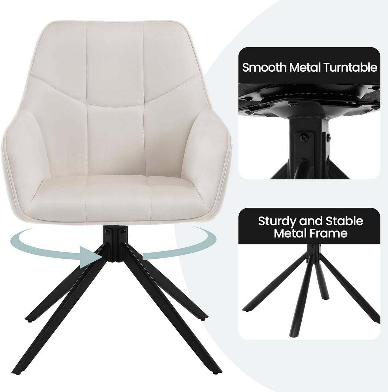 24goodz Swivel Dining Chair - 360° Rotatable - Ergonomically Padded - Velvet & Metal - Cream - 58 x 86 x 63.5 cm