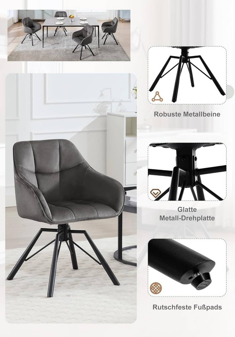 24goodz Swivel Dining Chair - 360° Rotatable - Ergonomic Design - Velvet - For Home Use - Dark Grey