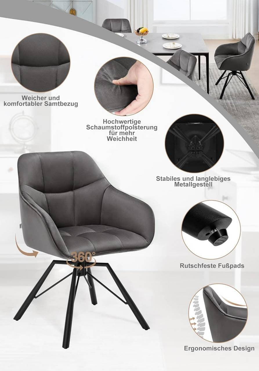 24goodz Swivel Dining Chair - 360° Rotatable - Ergonomic Design - Velvet - For Home Use - Dark Grey