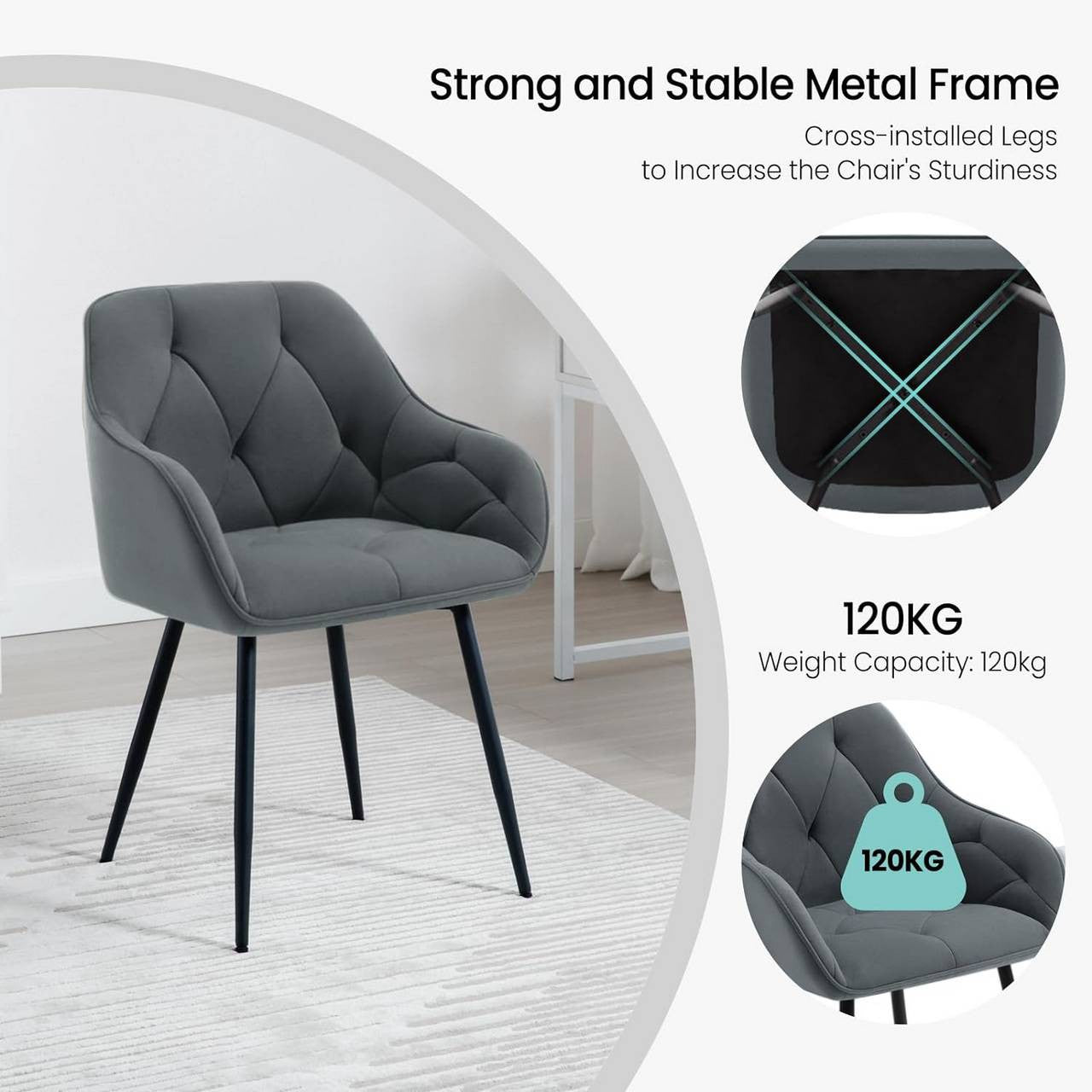 24goodz Velvet Dining Chair - Soft & Comfortable - Ergonomic Design - Velvet + Metal - Dark Grey