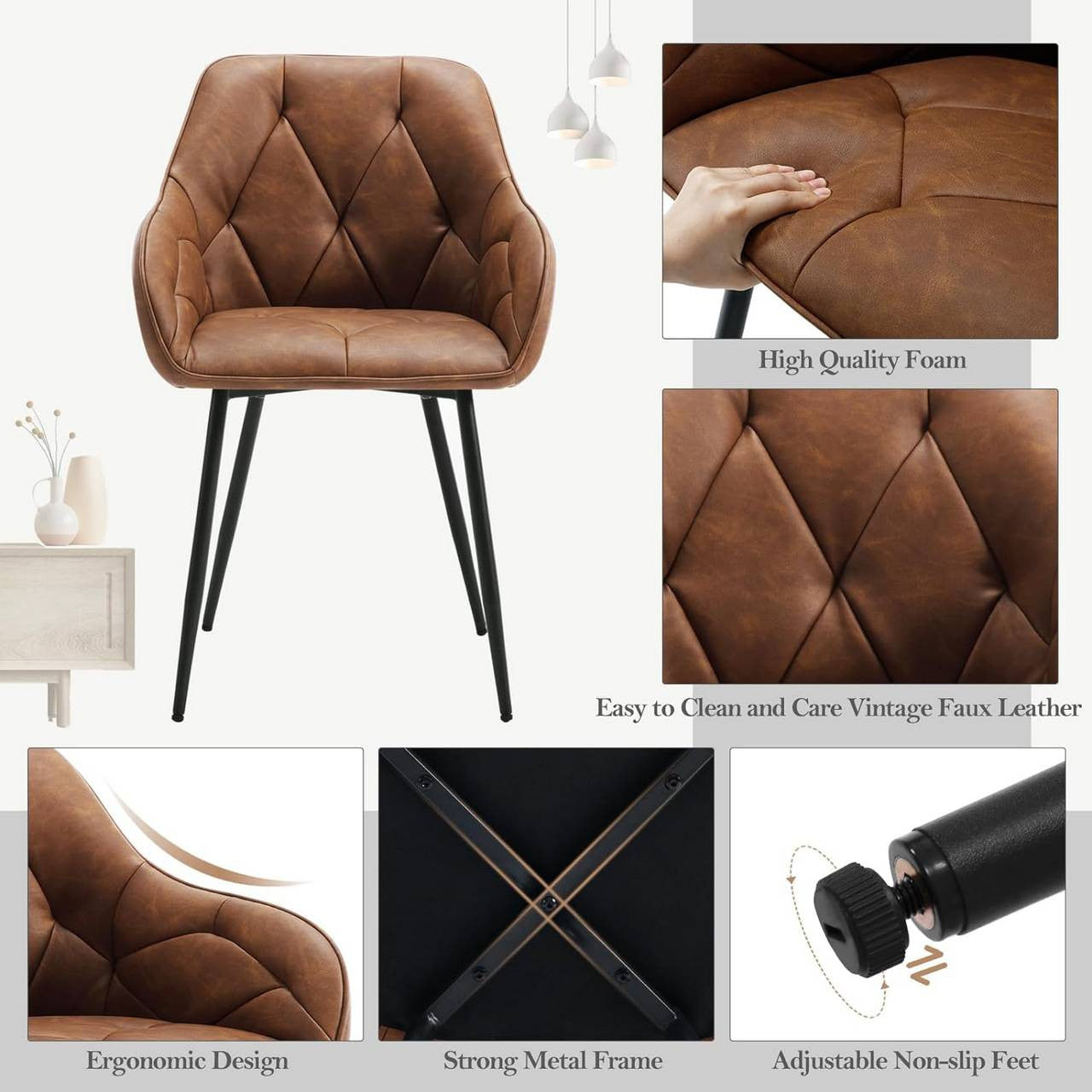 24goodz Ergonomic Dining Chairs - Soft & Comfortable Seating - Vintage Faux Leather - For Dining and Living Rooms - Brown