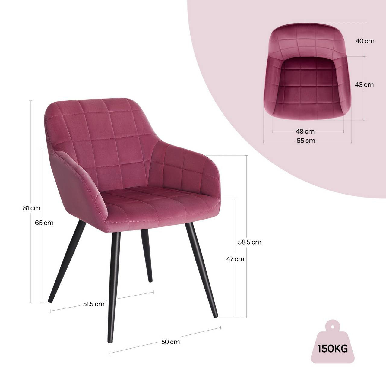 24goodz Set of 4 Dining Chairs with Armrests - High Comfort Design - Durable Velvet Upholstery - Velvet + Metal - Burgundy - bd