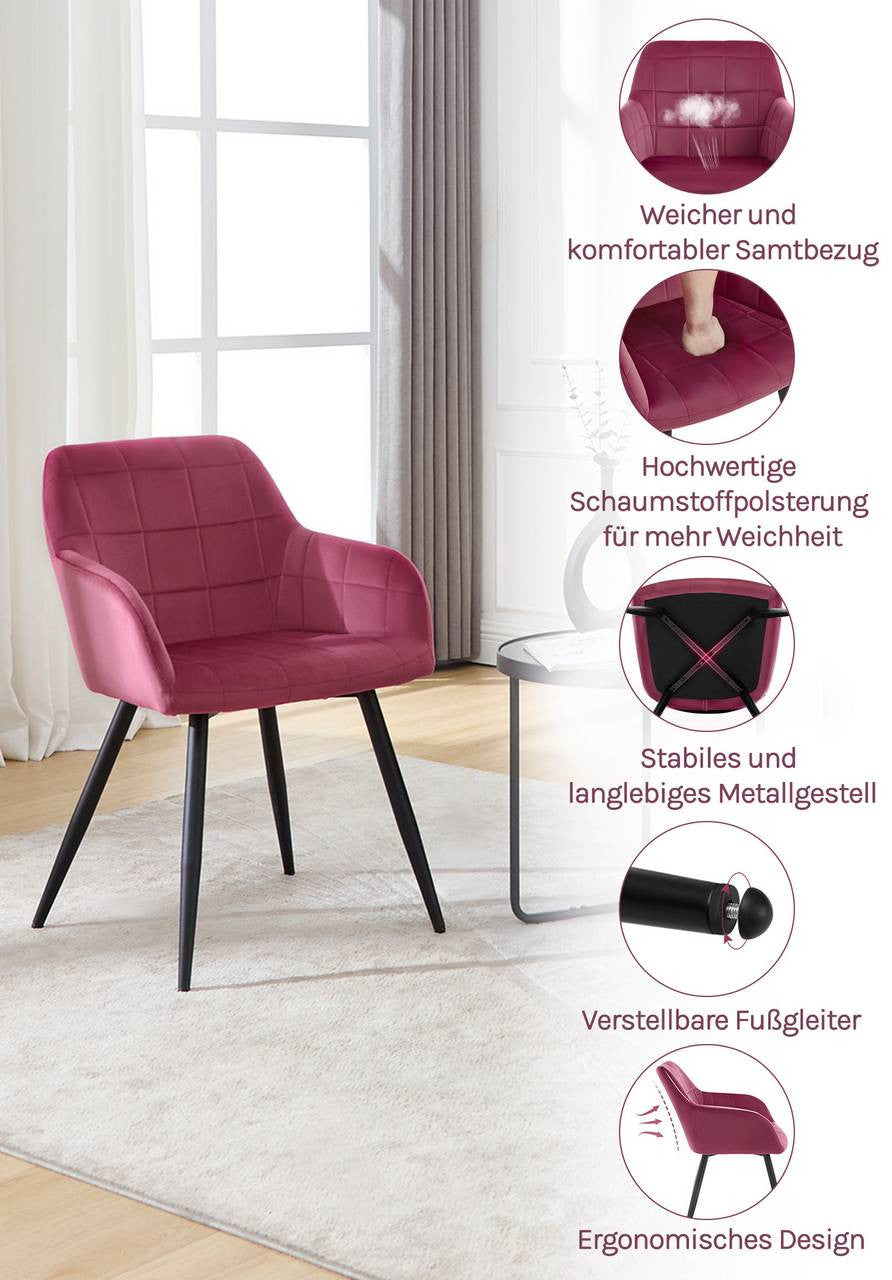 24goodz Set of 4 Dining Chairs with Armrests - High Comfort Design - Durable Velvet Upholstery - Velvet + Metal - Burgundy - bd