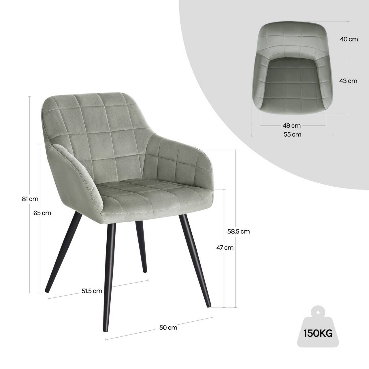 24goodz Velvet Dining Chair - High Comfort Design - Durable and Stylish - Velvet + Metal - Grey