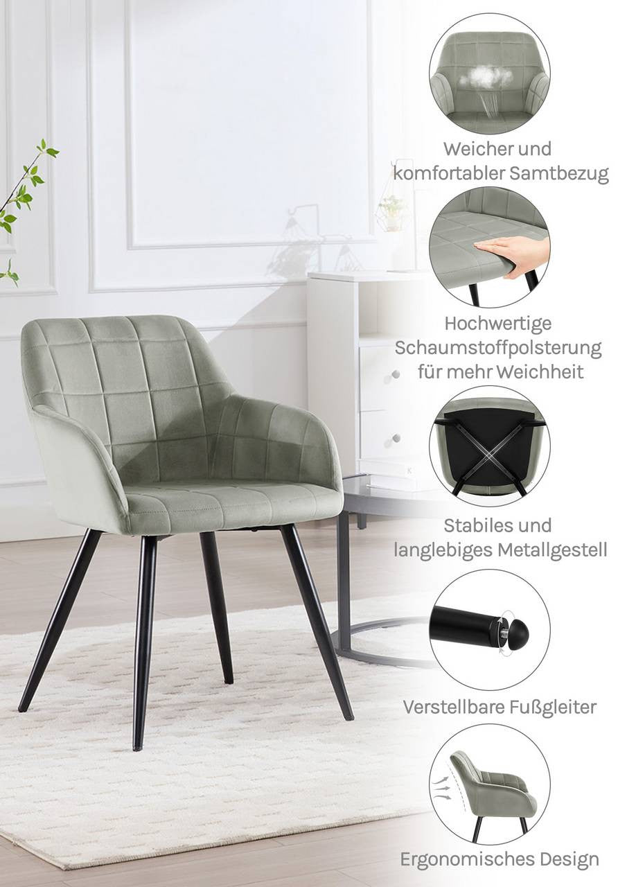 24goodz Velvet Dining Chair - High Comfort Design - Durable and Stylish - Velvet + Metal - Grey