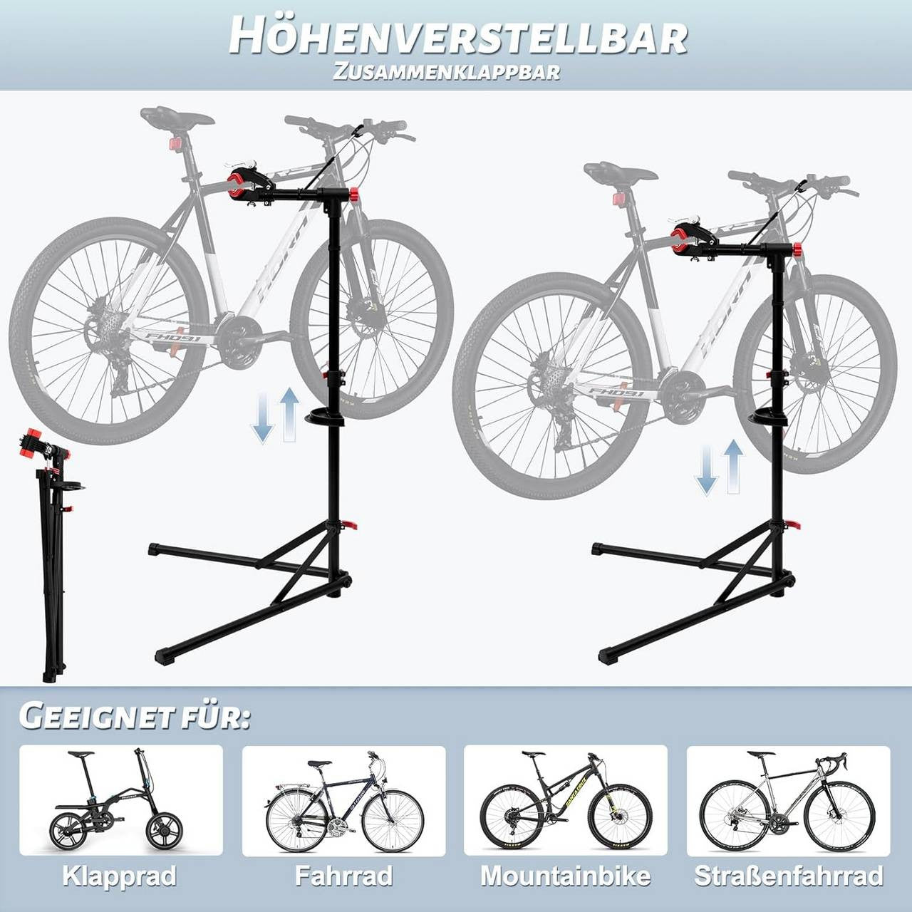 24goodz Bike Repair Stand - Durable and Rust-Resistant - Adjustable Height - Metal - For All Bike Types - 165 cm