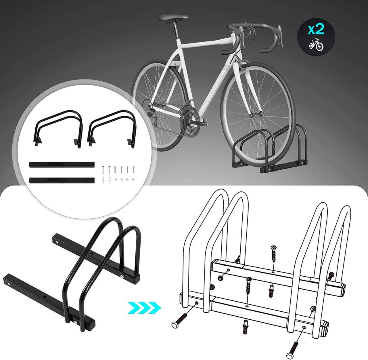24goodz Bicycle Rack - Robust and Durable - Easy to Install - Galvanized Iron - Black - 40x32x26cm - sz