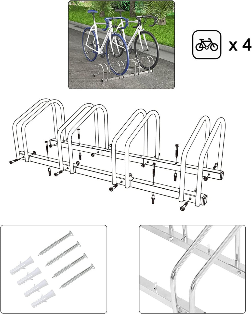 24goodz Bicycle Rack - Robust and Durable - Easy to Install - Galvanized Iron - For All Bicycles - Silver 100.5x32x27cm