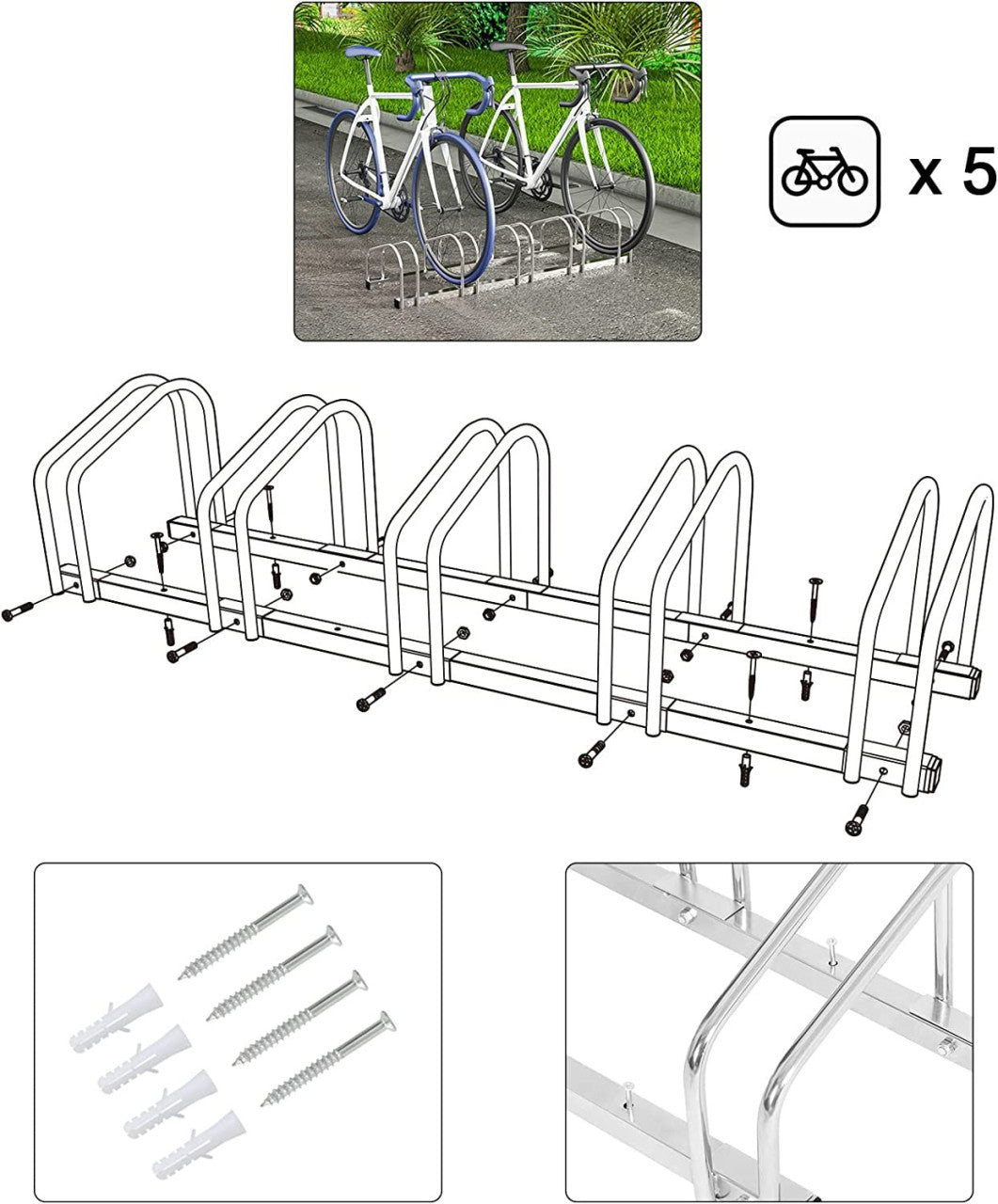 24goodz Bike Rack - Robust and Durable - Easy to Install - Galvanized Iron - For All Bike Types - 130.5 x 32 x 27 cm