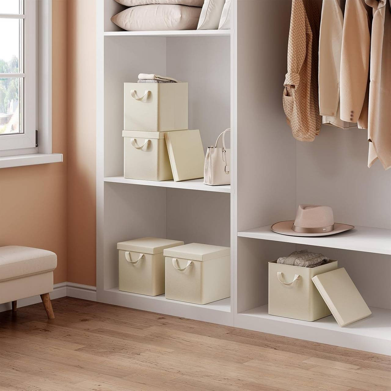 24goodz Foldable Storage Boxes Set of 3 - Durable and Versatile - Polyester and Metal Frame - For Home Organization - Cream