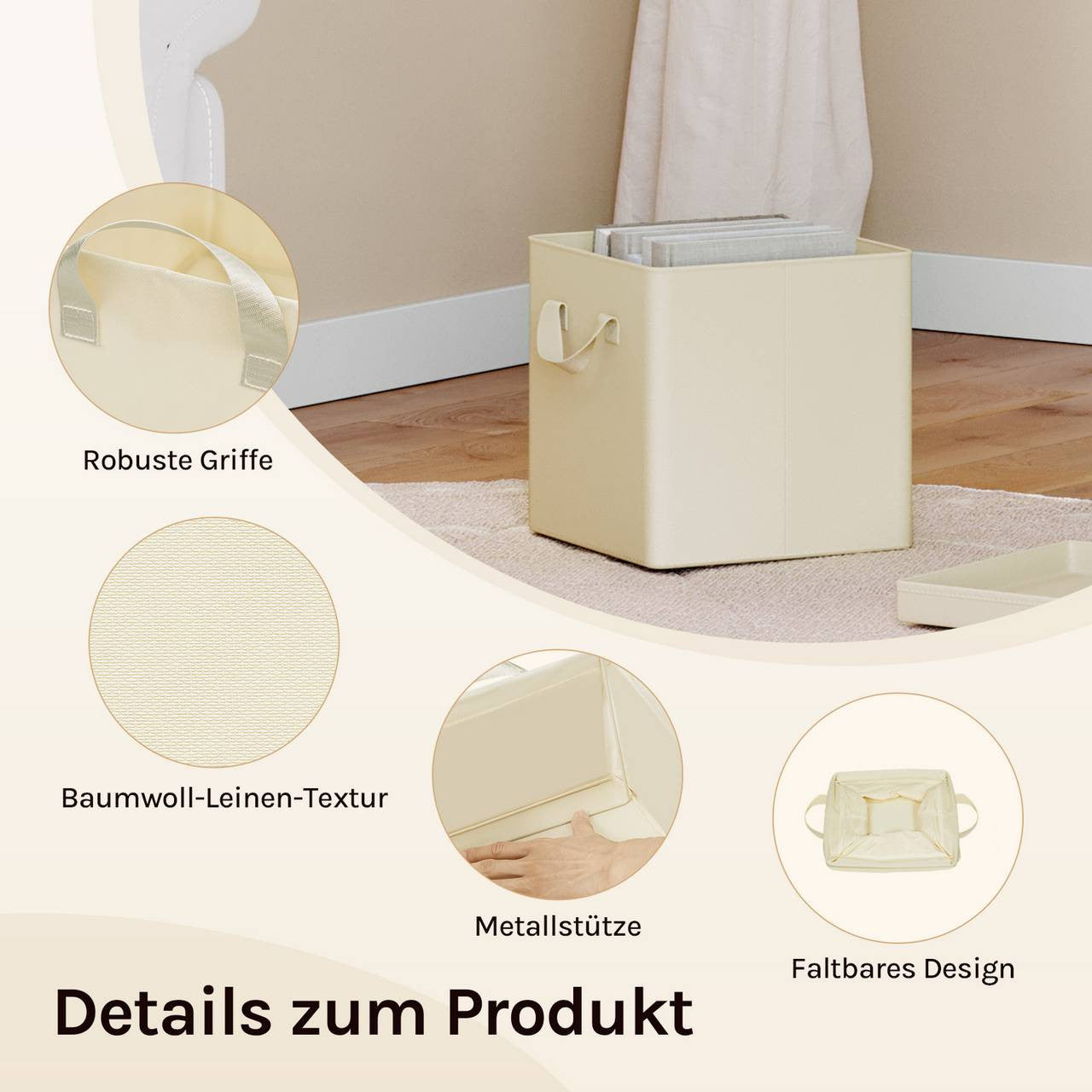 24goodz Foldable Storage Boxes Set of 5 - Durable and Versatile - Polyester and Metal - For Home Organization - Cream