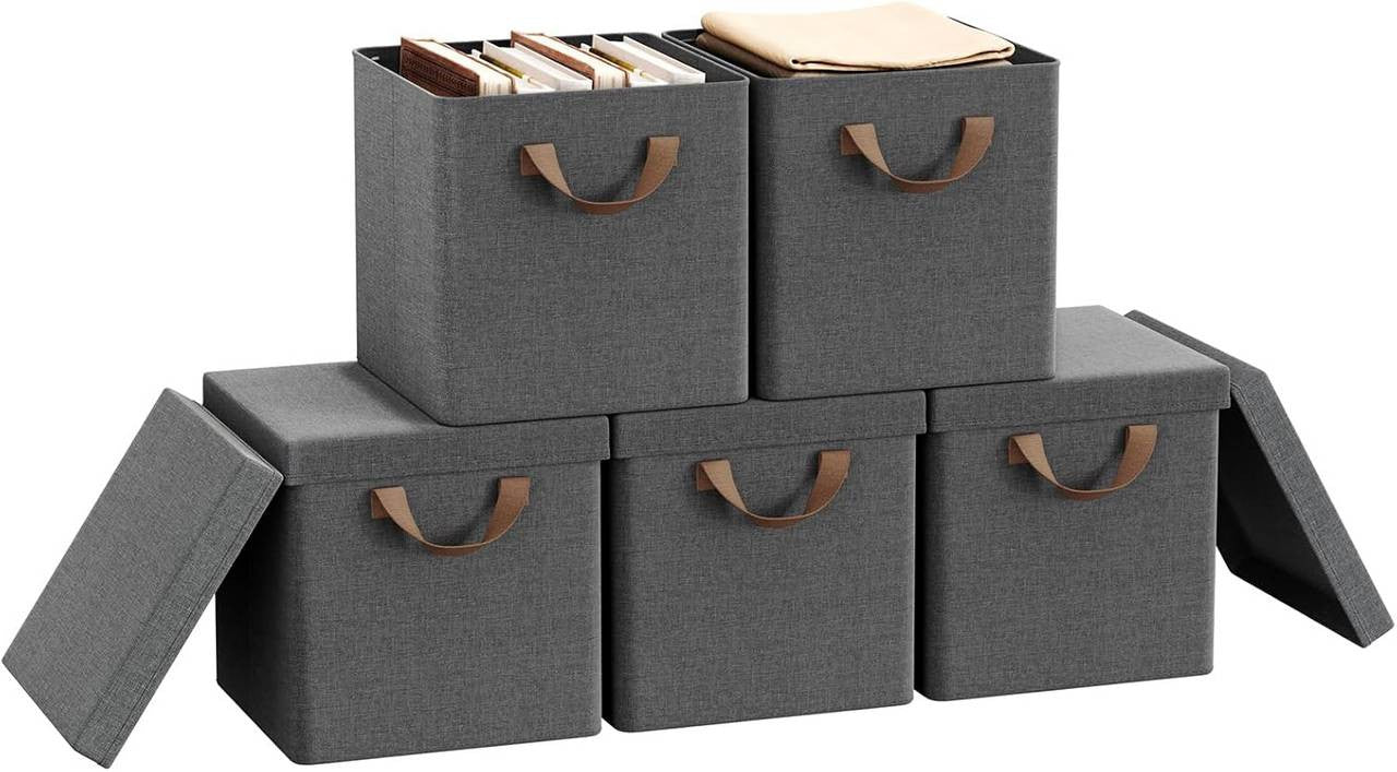 24goodz Foldable Storage Boxes Set of 5 - Durable and Stylish - Polyester and Metal Frame - For Home Organization - Grey
