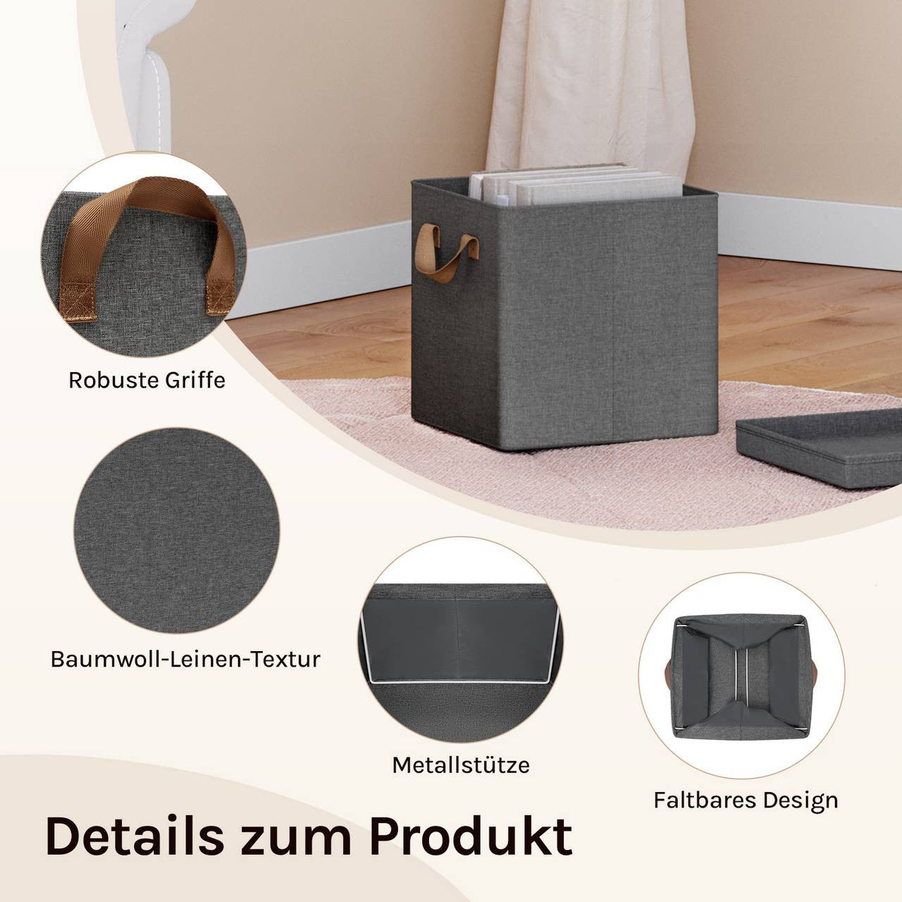 24goodz Foldable Storage Boxes Set of 5 - Durable and Stylish - Polyester and Metal Frame - For Home Organization - Grey