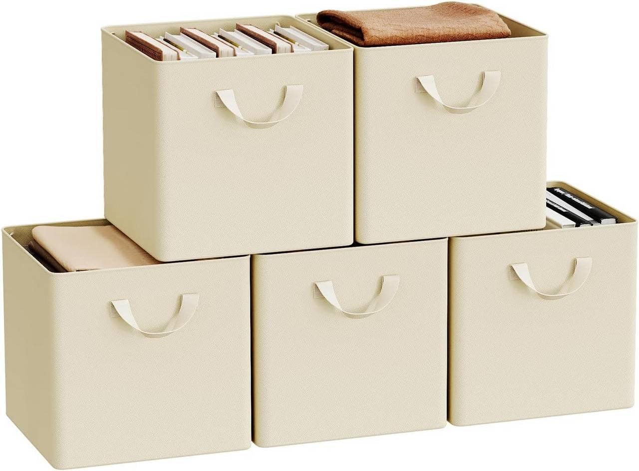 24goodz Foldable Storage Boxes Set of 5 - Durable and Versatile - Polyester and Metal - For Home Organization - Cream