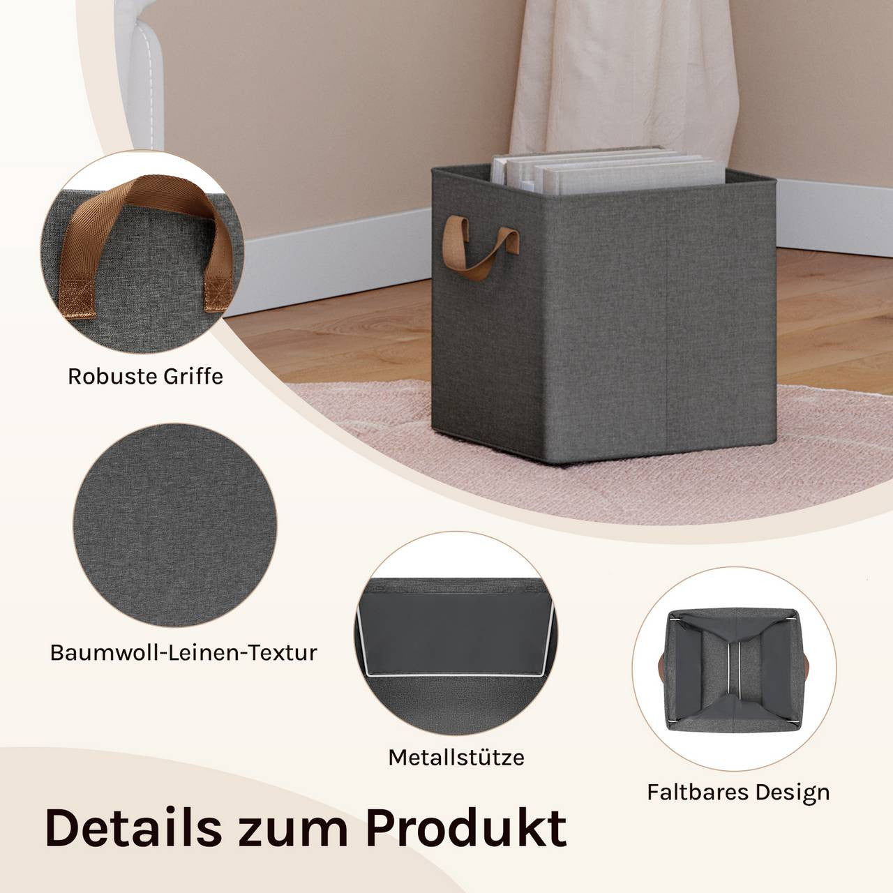 24goodz Foldable Storage Boxes Set of 3 - Durable and Versatile - Polyester and Metal - For Home Organization - Grey
