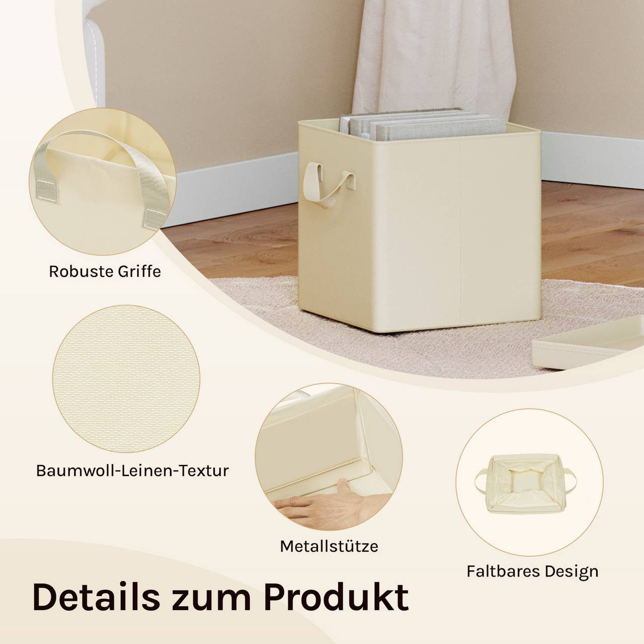 24goodz Foldable Storage Boxes Set of 3 - Durable Metal Frame - Versatile Use - Polyester - For Home Organization - Cream
