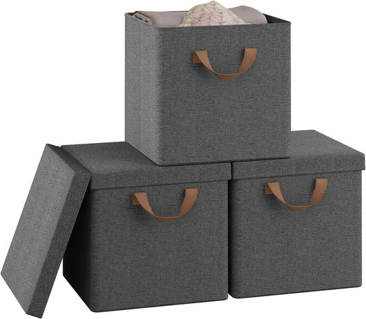 24goodz Foldable Storage Boxes Set of 3 - Durable and Versatile Design - Polyester and Metal Frame - Grey - 30x30x29 cm