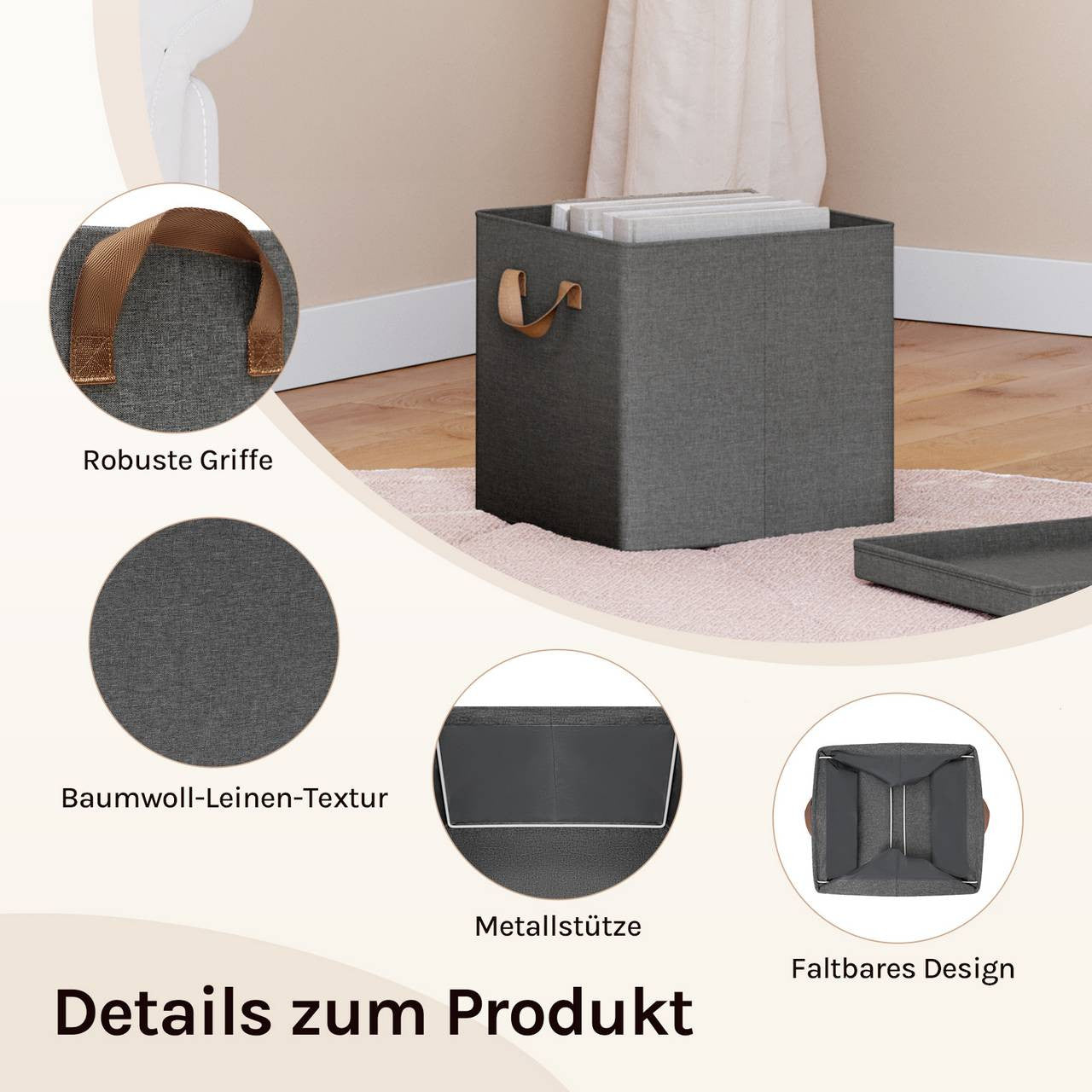 24goodz Foldable Storage Boxes Set of 5 - Durable Metal Frame - Versatile Use - Polyester - For Home Organization - Grey