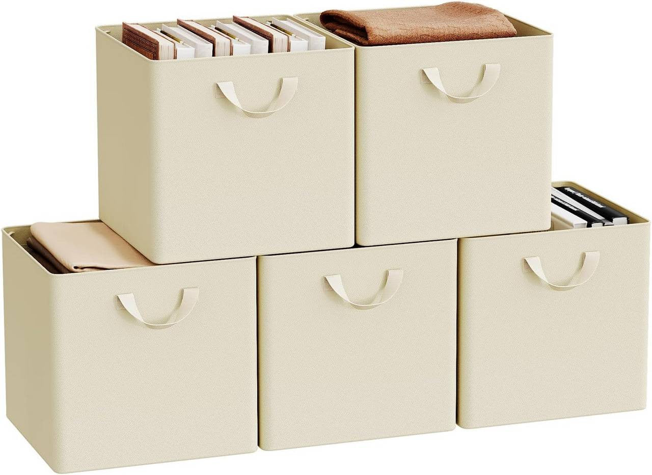 24goodz Foldable Storage Boxes Set of 5 - Durable and Versatile - Polyester and Metal - For Home Organization - Cream