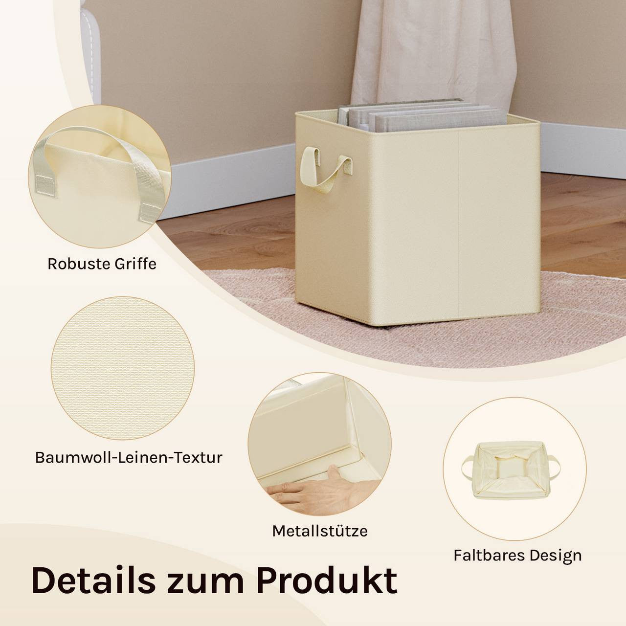 24goodz Foldable Storage Boxes Set of 5 - Durable and Versatile - Polyester and Metal - For Home Organization - Cream