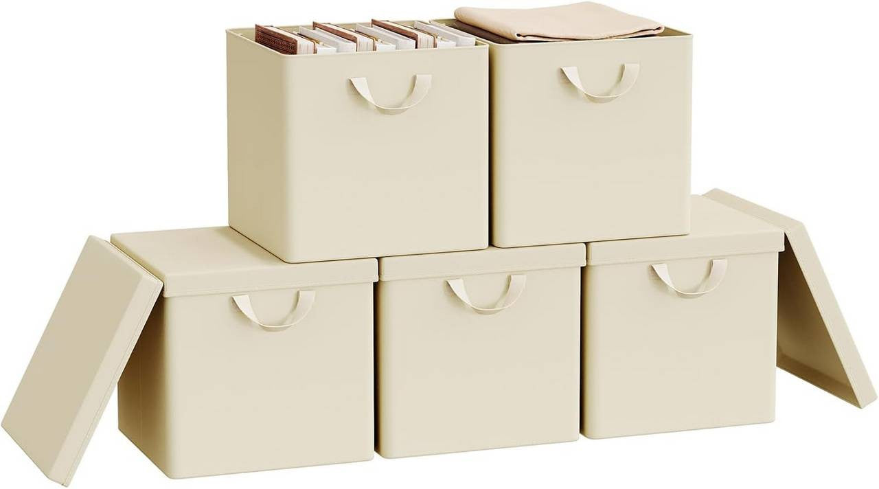 24goodz Foldable Storage Boxes Set of 5 - Durable and Versatile - Polyester and Metal Frame - For Home Organization - Cream