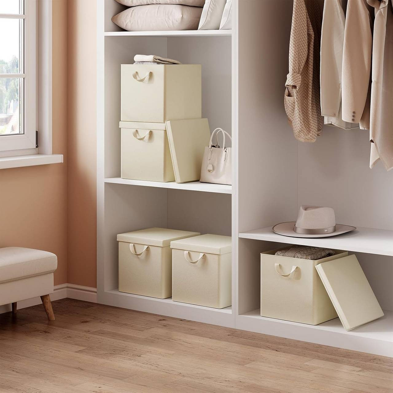 24goodz Foldable Storage Boxes Set of 5 - Durable and Versatile - Polyester and Metal Frame - For Home Organization - Cream