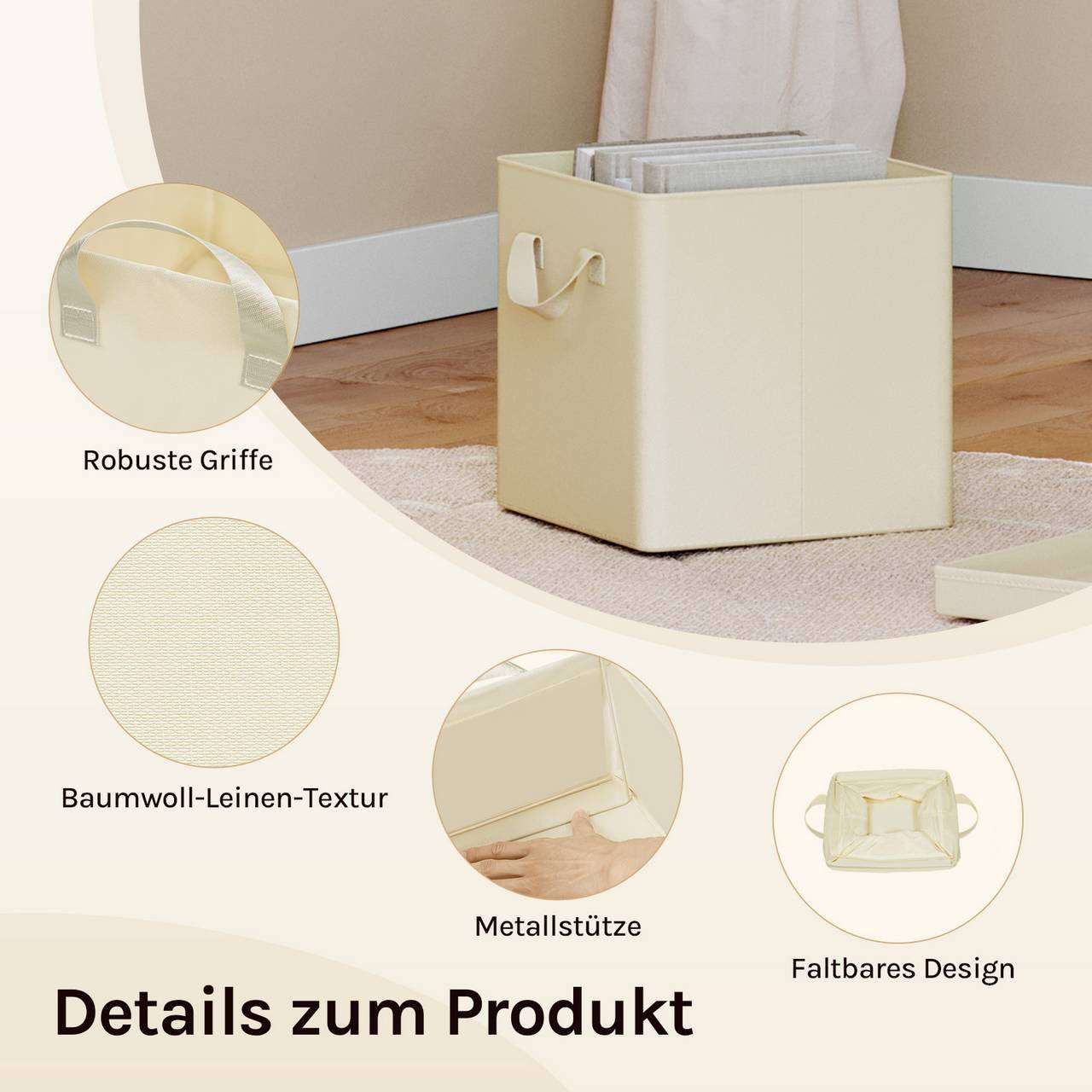 24goodz Foldable Storage Boxes Set of 5 - Durable and Versatile - Polyester and Metal Frame - For Home Organization - Cream