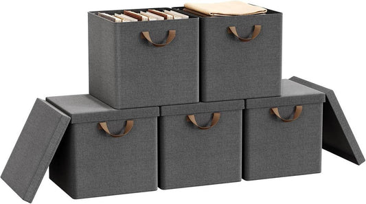 24goodz Foldable Storage Boxes Set of 5 - Durable and Versatile - Polyester and Metal Frame - For Home Organization - Grey/Cream/Black/White