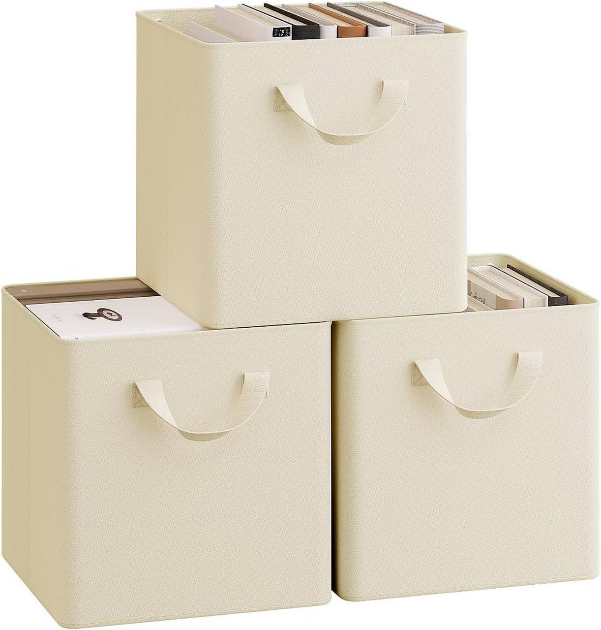 24goodz Foldable Storage Boxes Set of 3 - Durable and Versatile - Kationic Fabric and Metal - For Home Organization - Cream