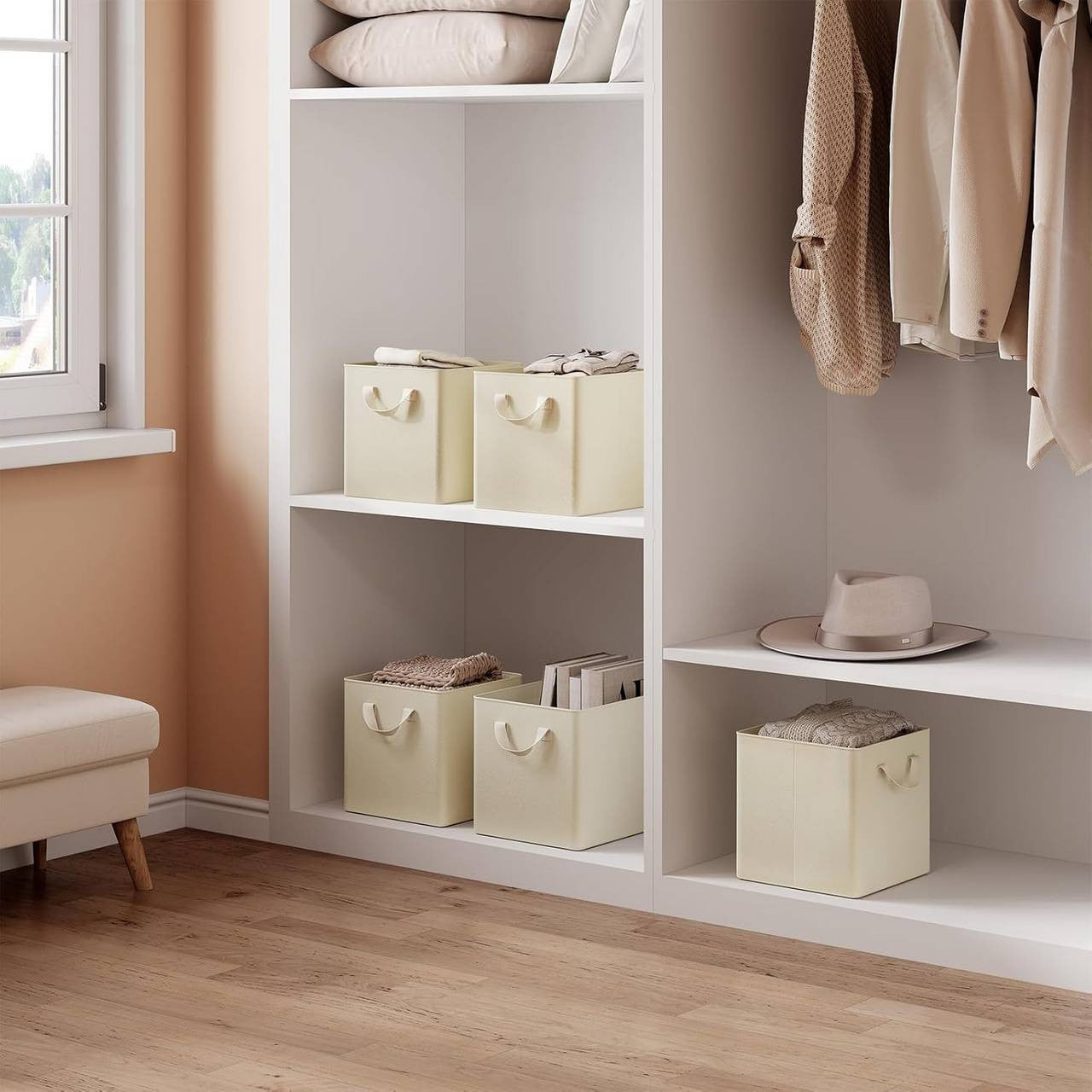 24goodz Foldable Storage Boxes Set of 3 - Durable and Versatile - Kationic Fabric and Metal - For Home Organization - Cream