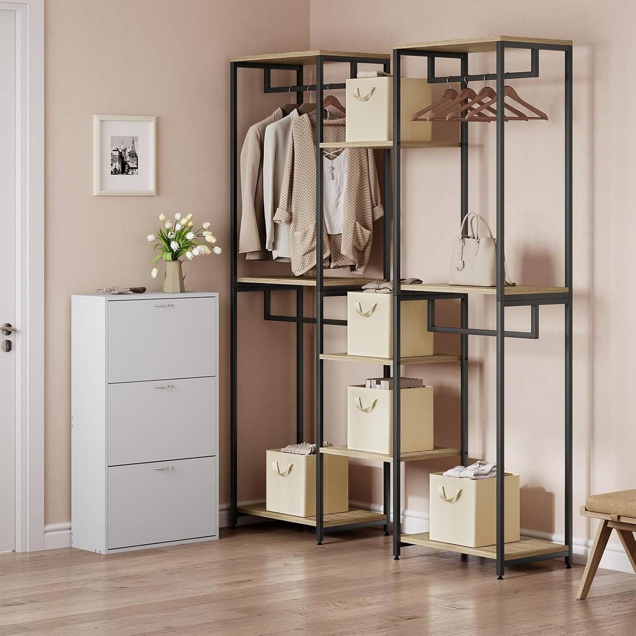 24goodz Foldable Storage Boxes Set of 3 - Durable and Versatile - Kationic Fabric and Metal - For Home Organization - Cream