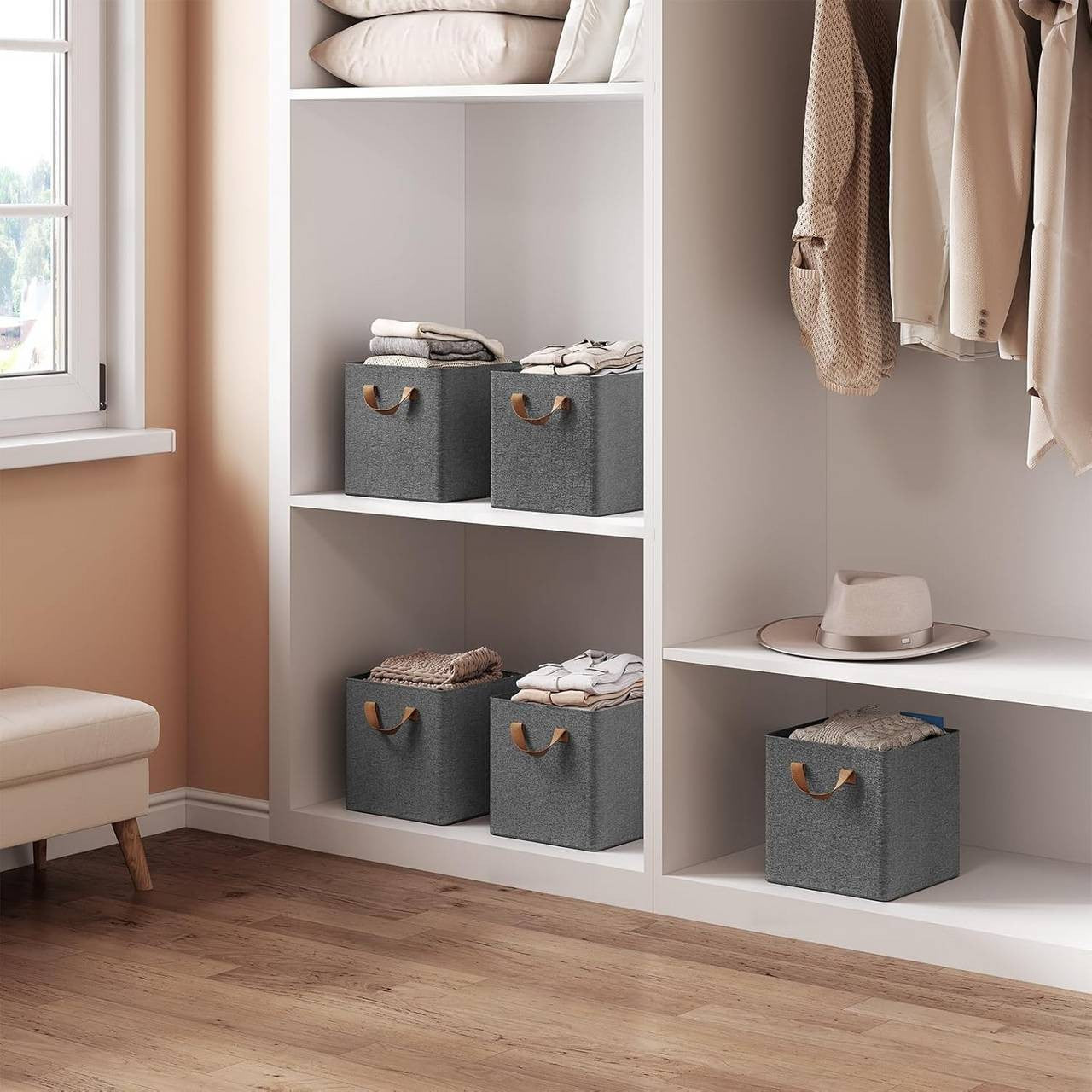 24goodz Foldable Storage Boxes Set of 5 - Durable and Versatile - Polyester and Metal - For Home Organization - Grey