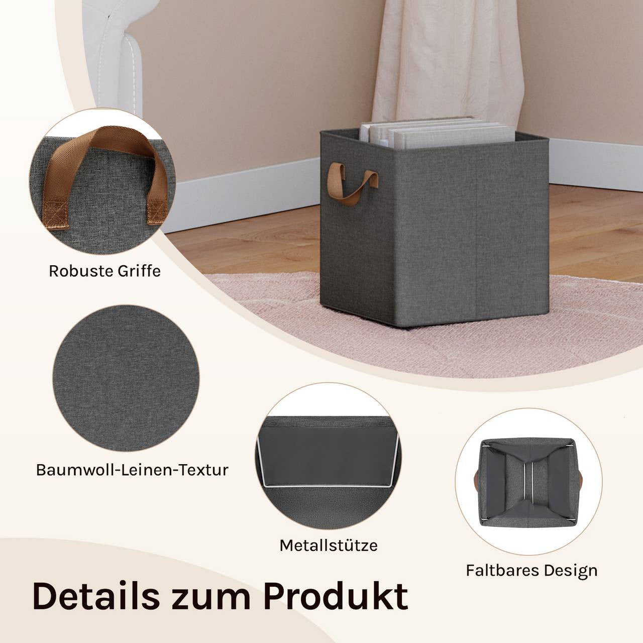 24goodz Foldable Storage Boxes Set of 5 - Durable and Versatile - Polyester and Metal - For Home Organization - Grey
