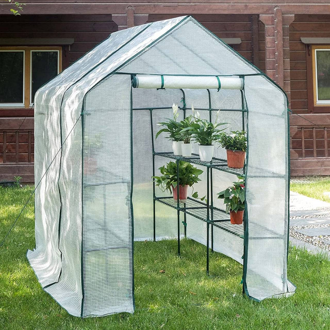 24goodz Greenhouse 143x215x195 cm - Perfect for Growing Plants - UV-Resistant PVC - For Garden Enthusiasts - White/Green - ws