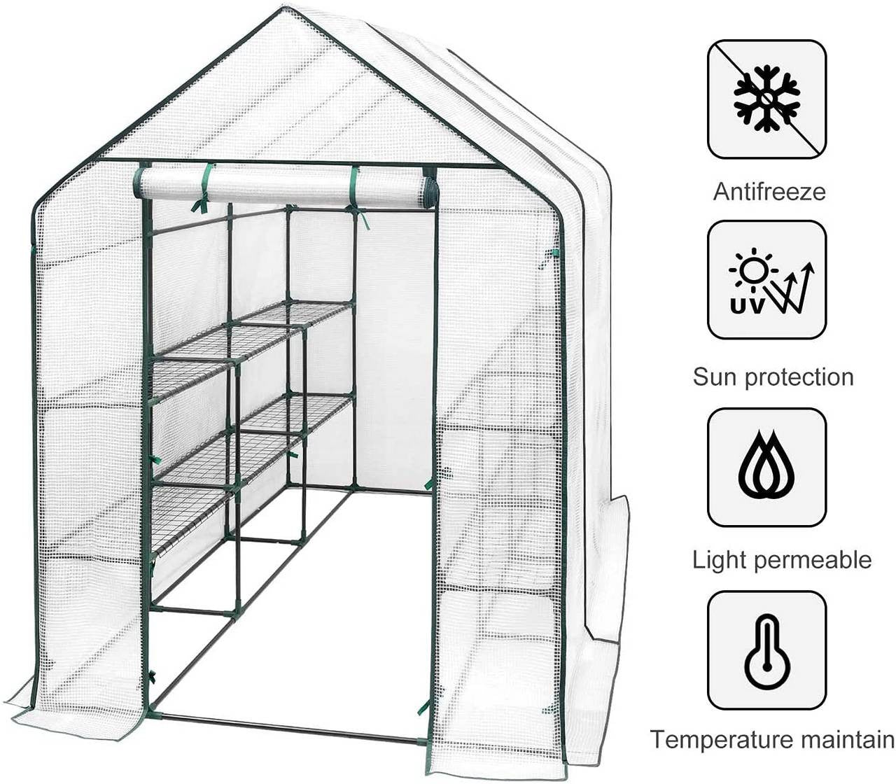 24goodz Greenhouse 143x215x195 cm - Perfect for Growing Plants - UV-Resistant PVC - For Garden Enthusiasts - White/Green - ws