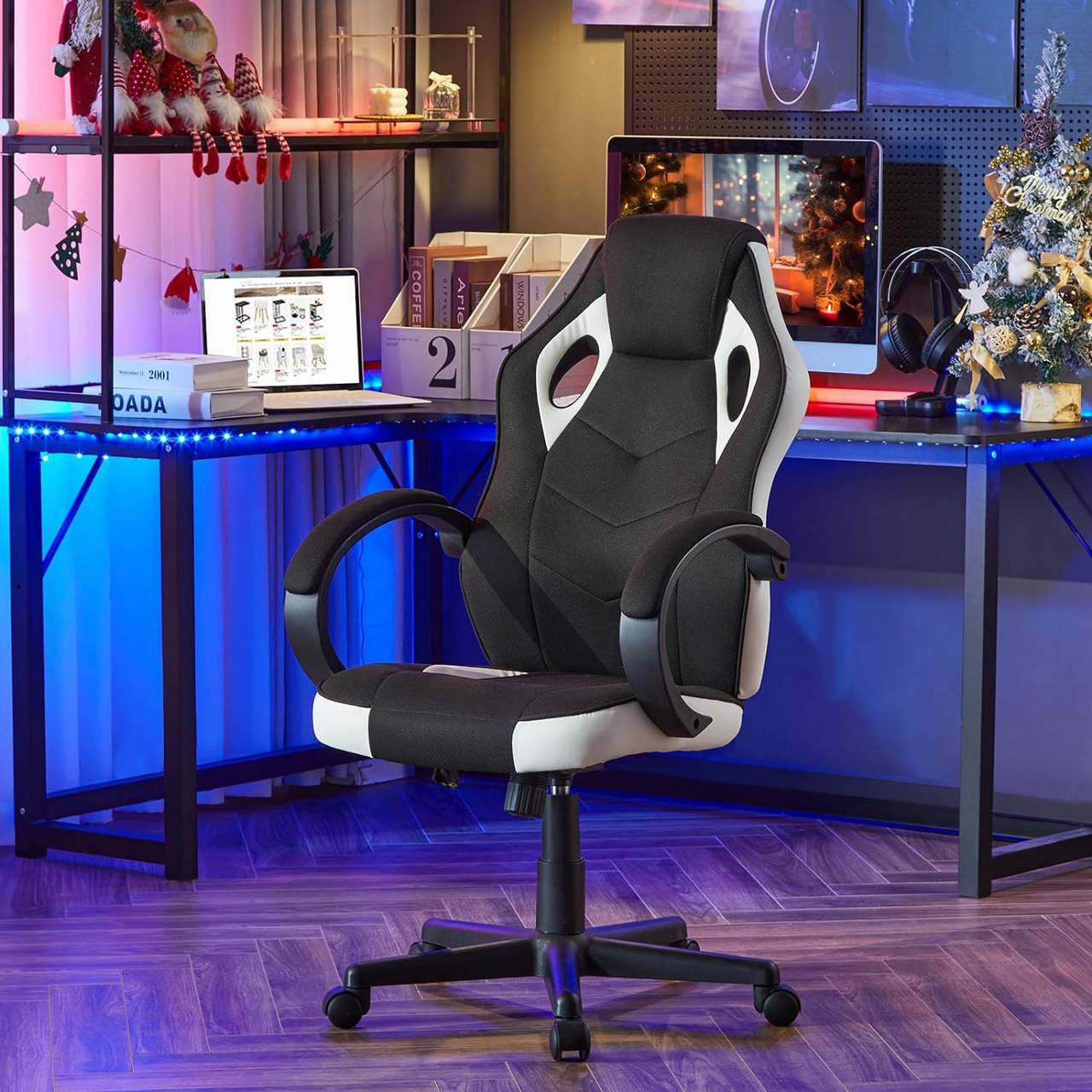 24goodz Gaming Chair - Ergonomic Support - Durable Metal Frame - PU and Mesh - For Adults and Teens - White + Black