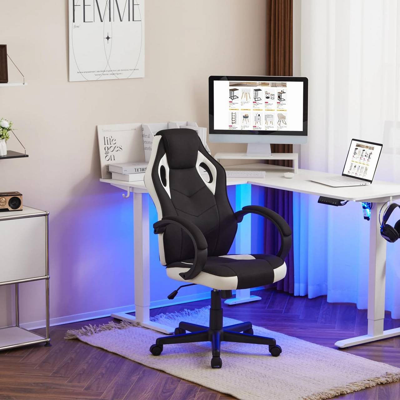 24goodz Gaming Chair - Ergonomic Support - Durable Metal Frame - PU and Mesh - For Adults and Teens - White + Black