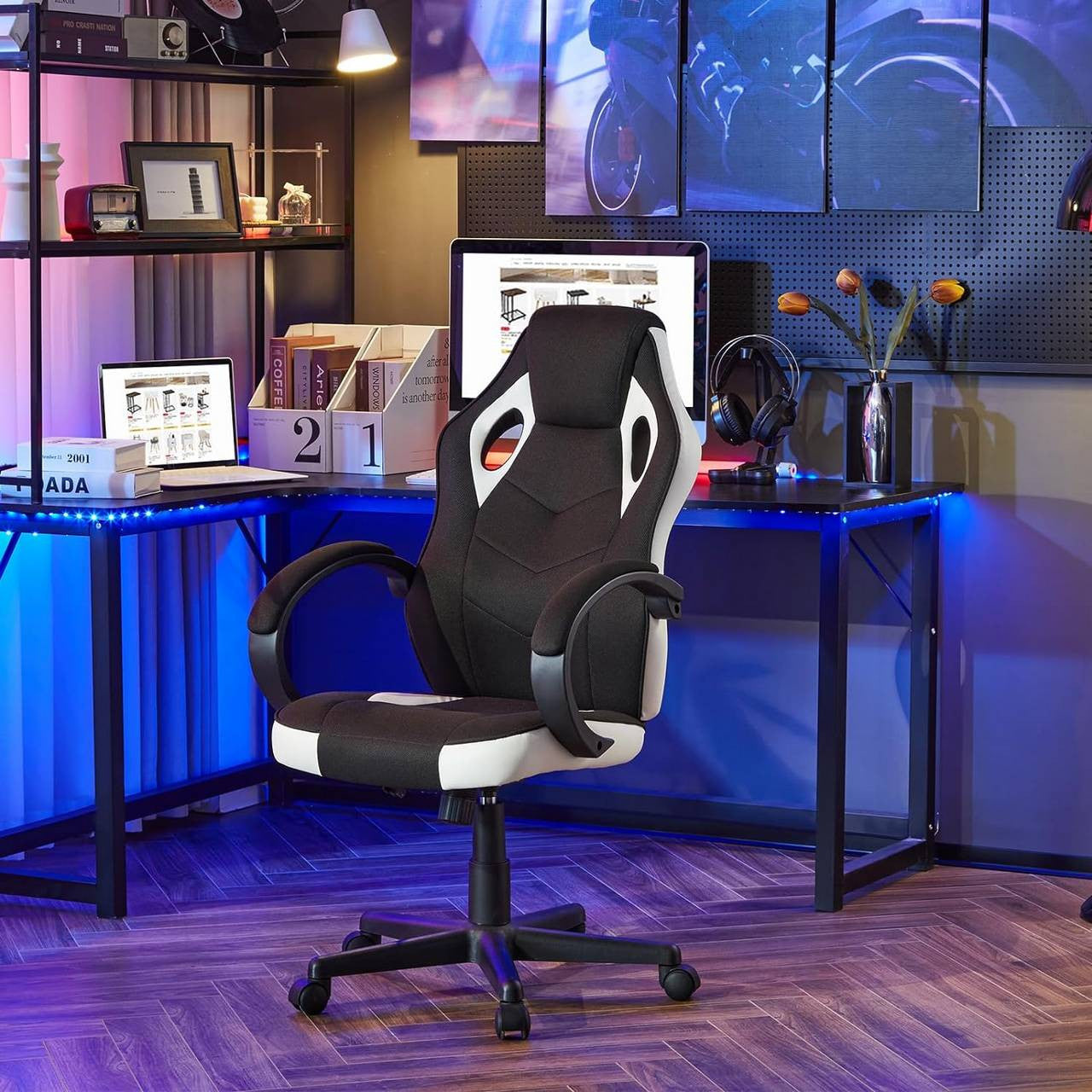 24goodz Gaming Chair - Ergonomic Support - Durable Metal Frame - PU and Mesh - For Adults and Teens - White + Black