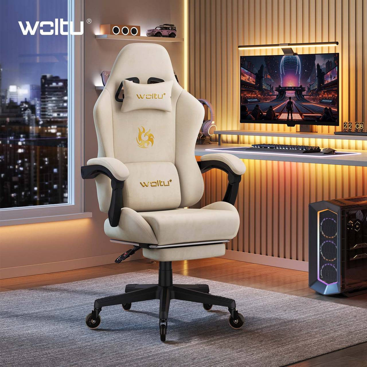 24goodz Ergonomic Gaming Chair - Intelligent Connected Armrests - 4D Adaptive System - PU - For Gamers and Home Office - Cream - cm