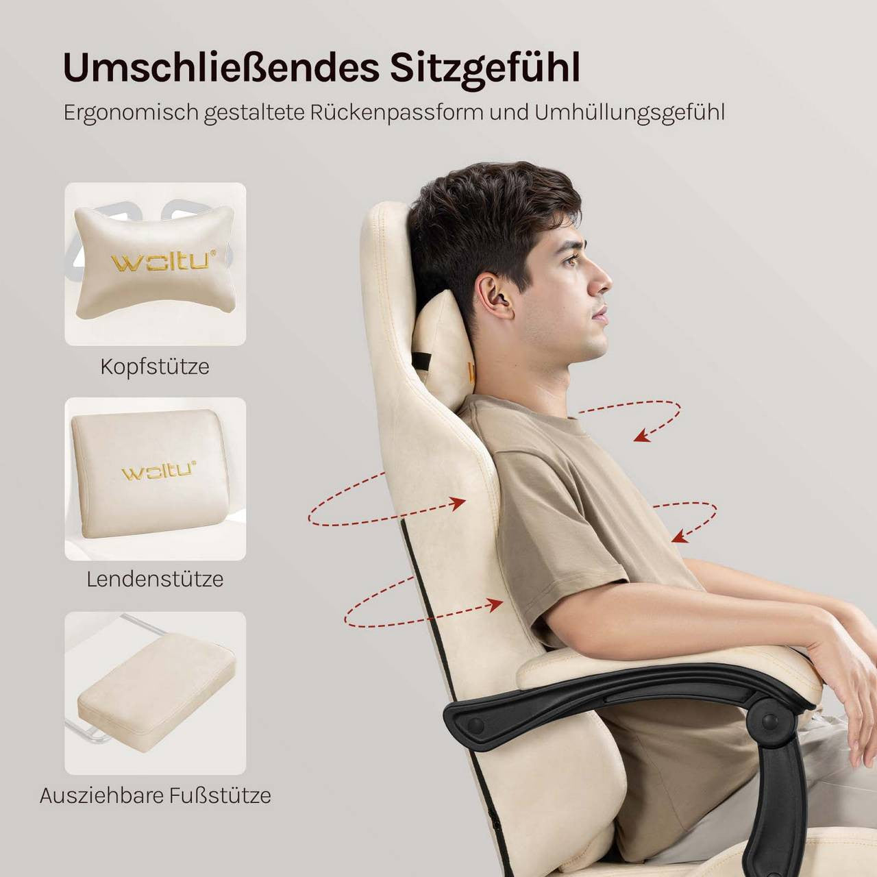 24goodz Ergonomic Gaming Chair - Intelligent Connected Armrests - 4D Adaptive System - PU - For Gamers and Home Office - Cream - cm