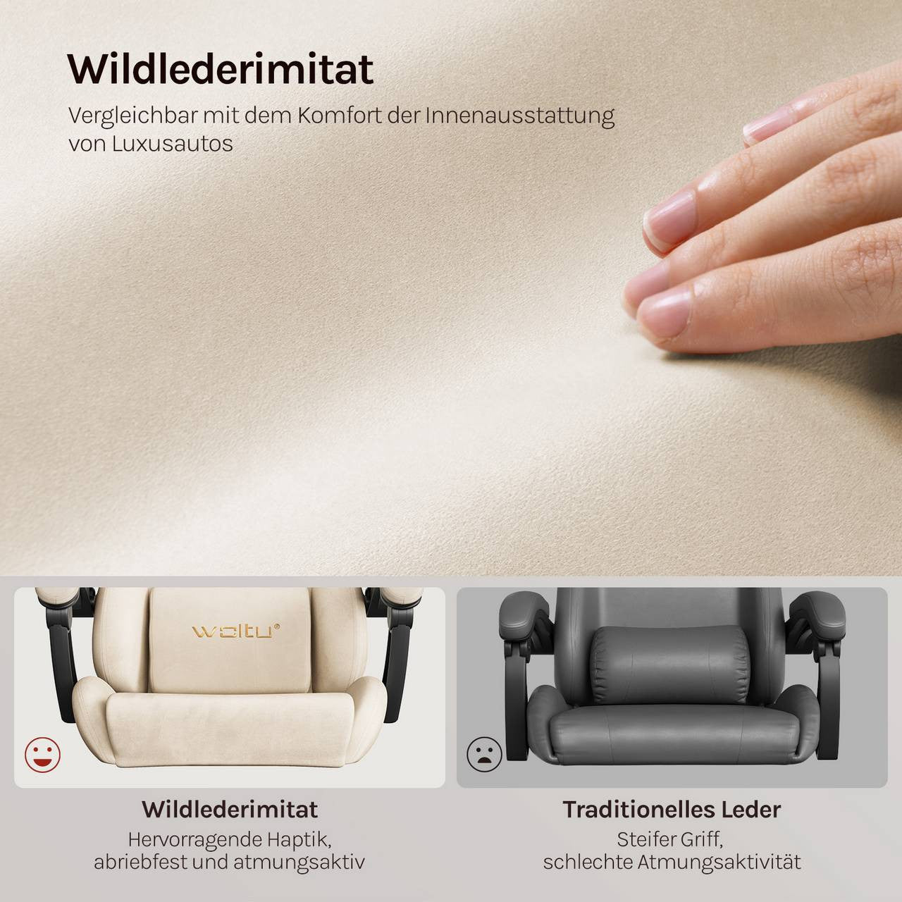 24goodz Ergonomic Gaming Chair - Intelligent Connected Armrests - 4D Adaptive System - PU - For Gamers and Home Office - Cream - cm