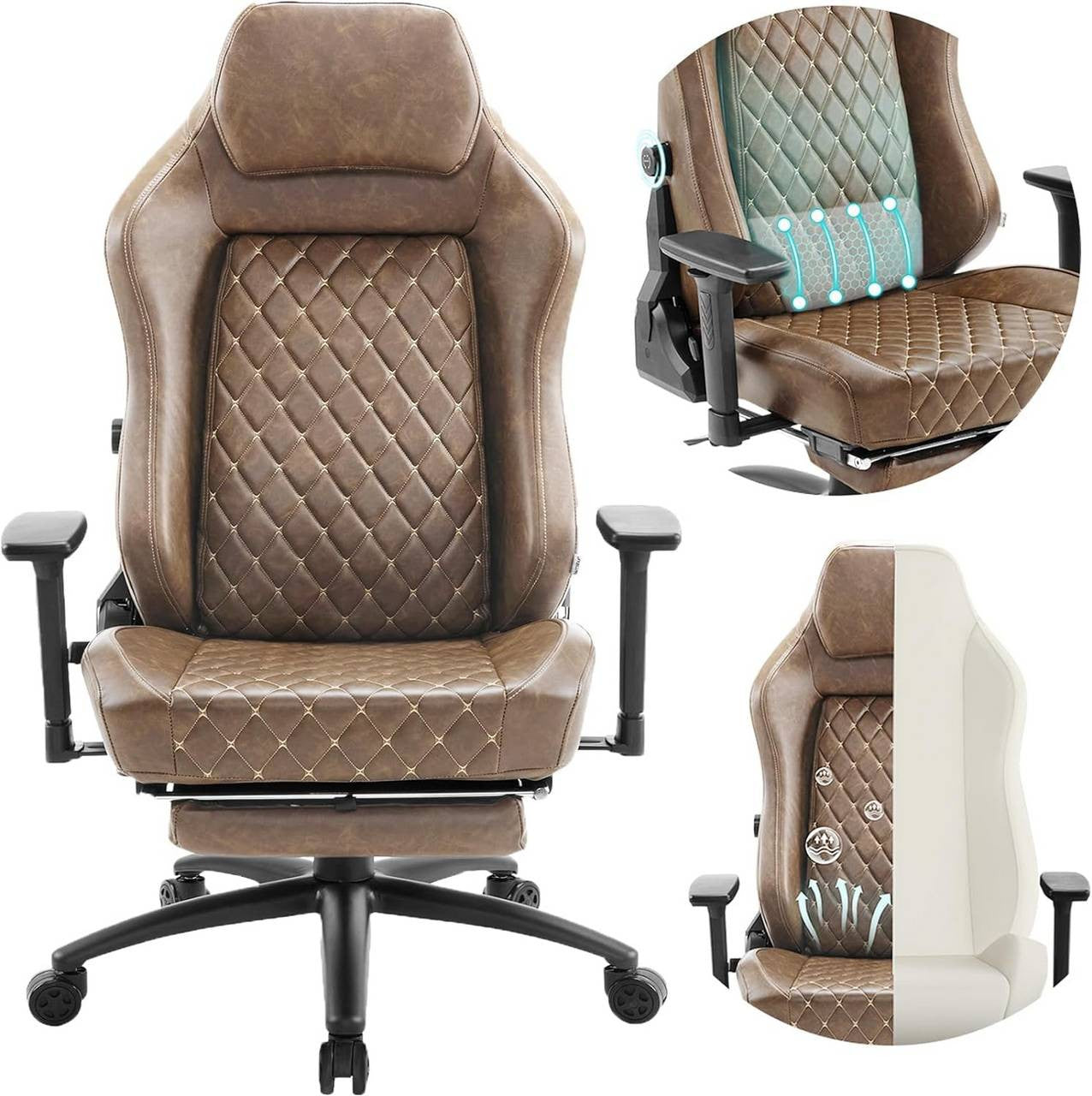 24goodz Gaming Chair with Adaptive Lumbar Support - Ergonomic Design - Vintage Faux Leather - For Gamers and Home Office - Brown