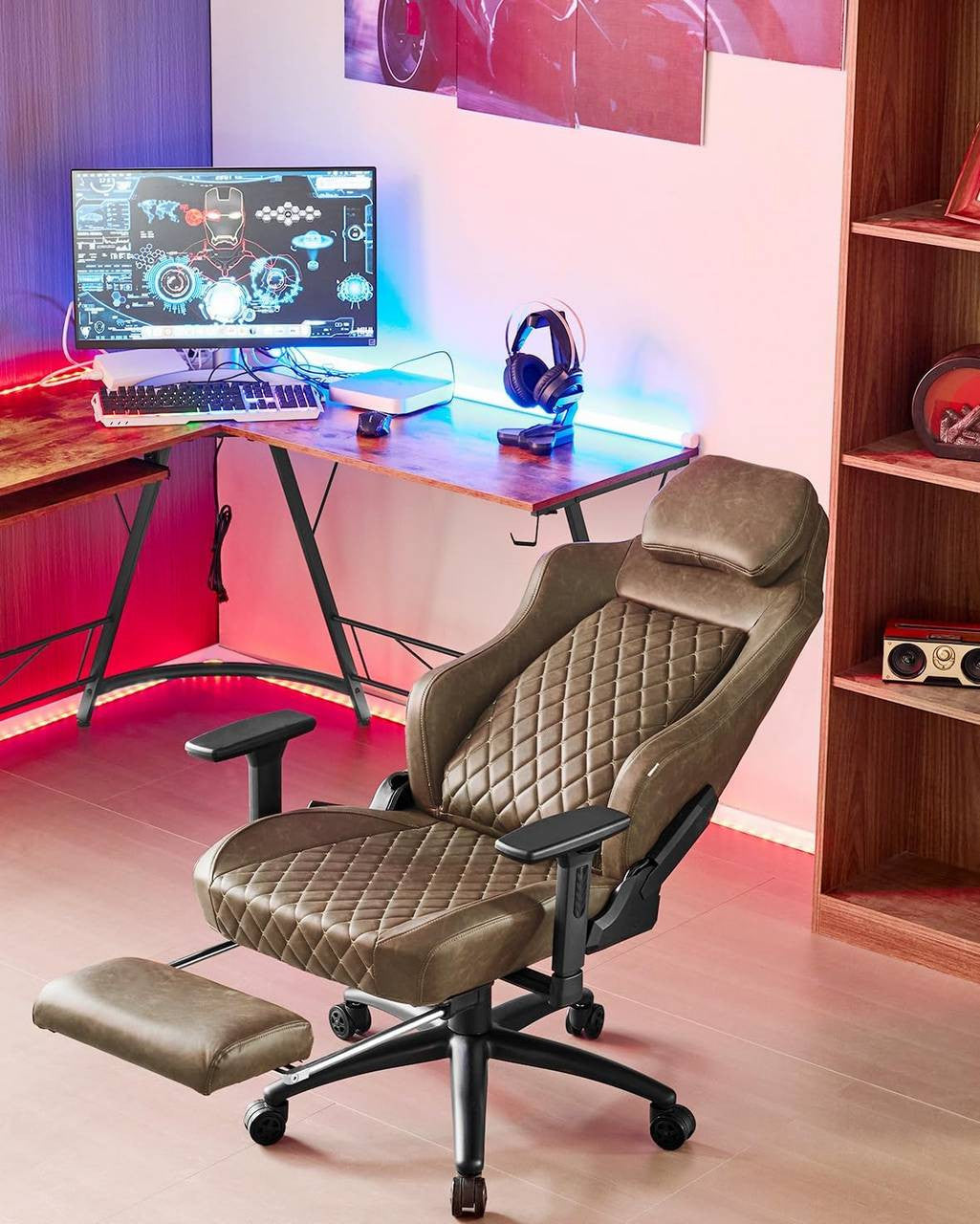 24goodz Gaming Chair with Adaptive Lumbar Support - Ergonomic Design - Vintage Faux Leather - For Gamers and Home Office - Brown