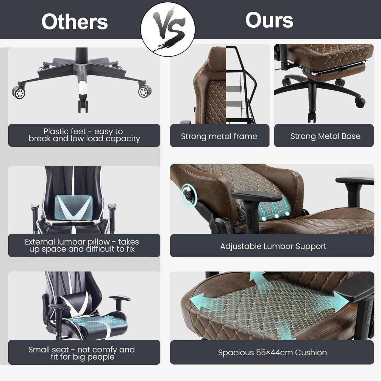24goodz Gaming Chair with Adaptive Lumbar Support - Ergonomic Design - Vintage Faux Leather - For Gamers and Home Office - Brown
