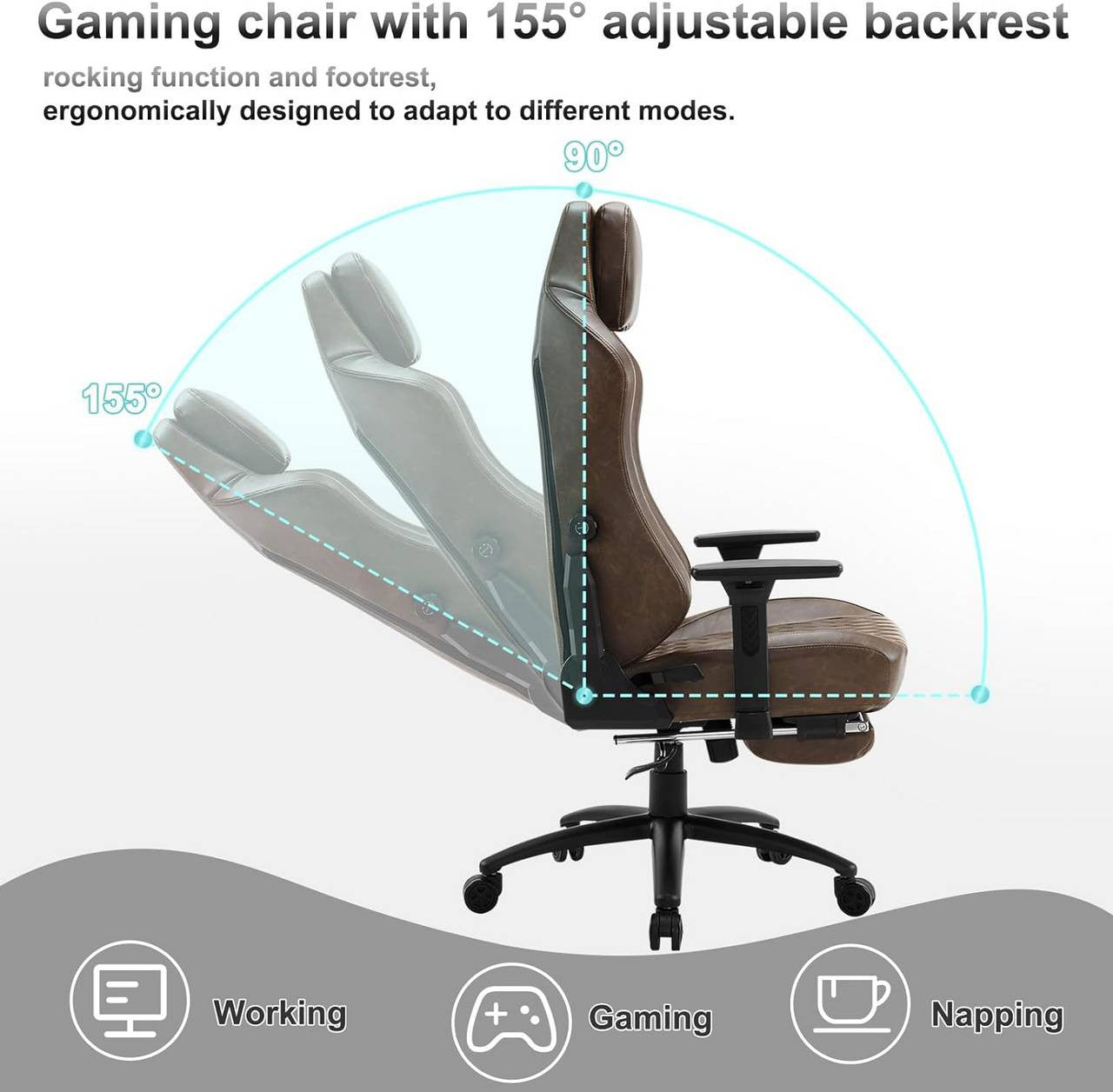 24goodz Gaming Chair with Adaptive Lumbar Support - Ergonomic Design - Vintage Faux Leather - For Gamers and Home Office - Brown