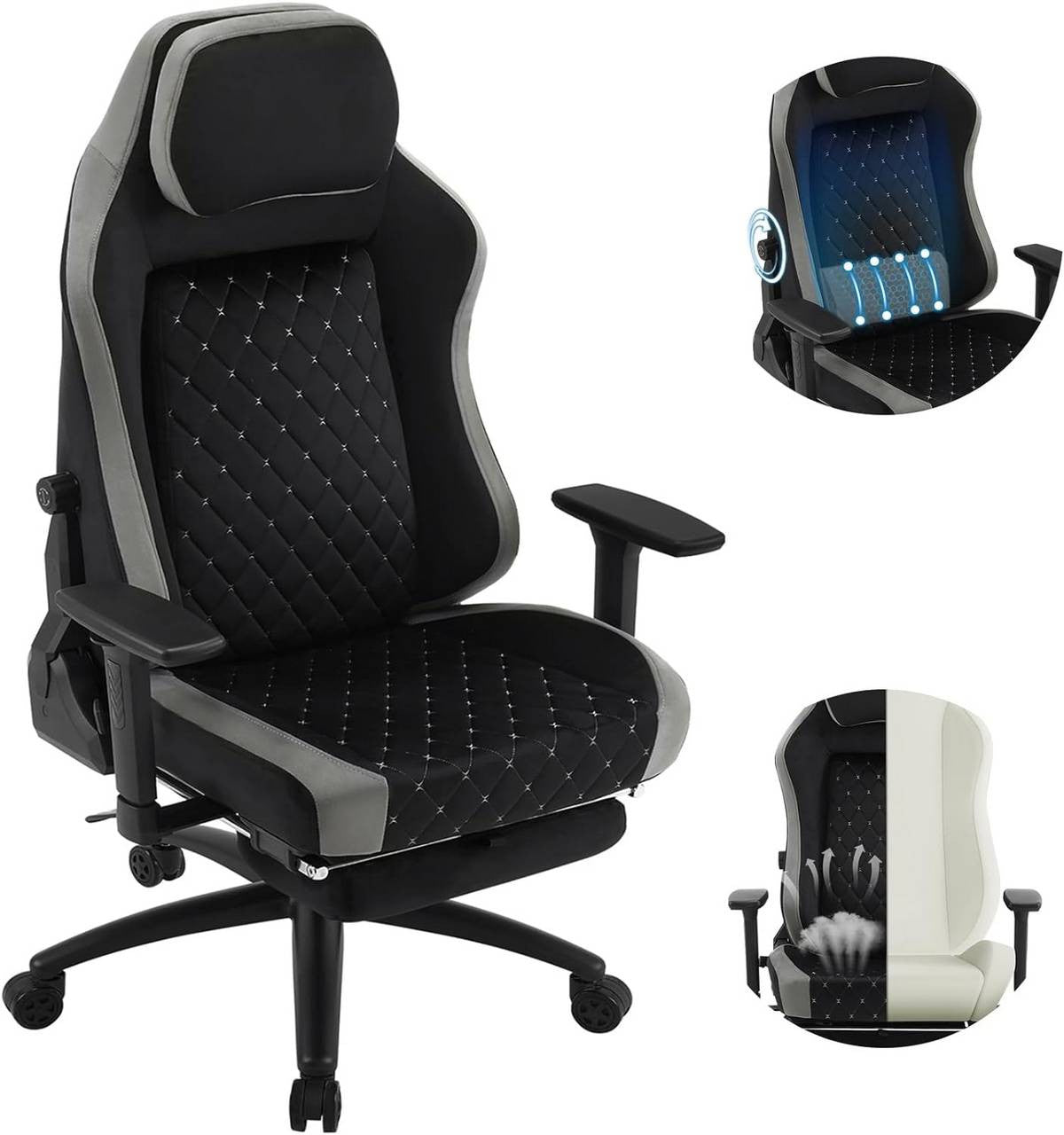 24goodz Gaming Chair with Adaptive Lumbar Support - Ergonomic Design - Velvet Upholstery - For Gamers - Black + Grey