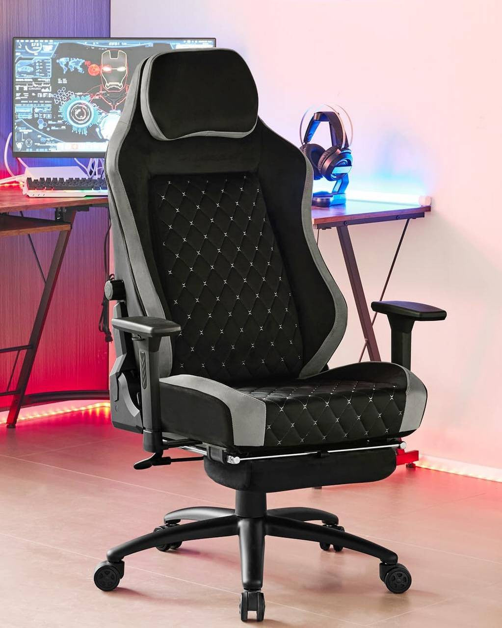 24goodz Gaming Chair with Adaptive Lumbar Support - Ergonomic Design - Velvet Upholstery - For Gamers - Black + Grey