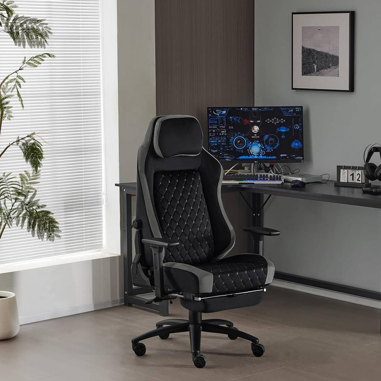 24goodz Gaming Chair with Adaptive Lumbar Support - Ergonomic Design - Velvet Upholstery - For Gamers - Black + Grey