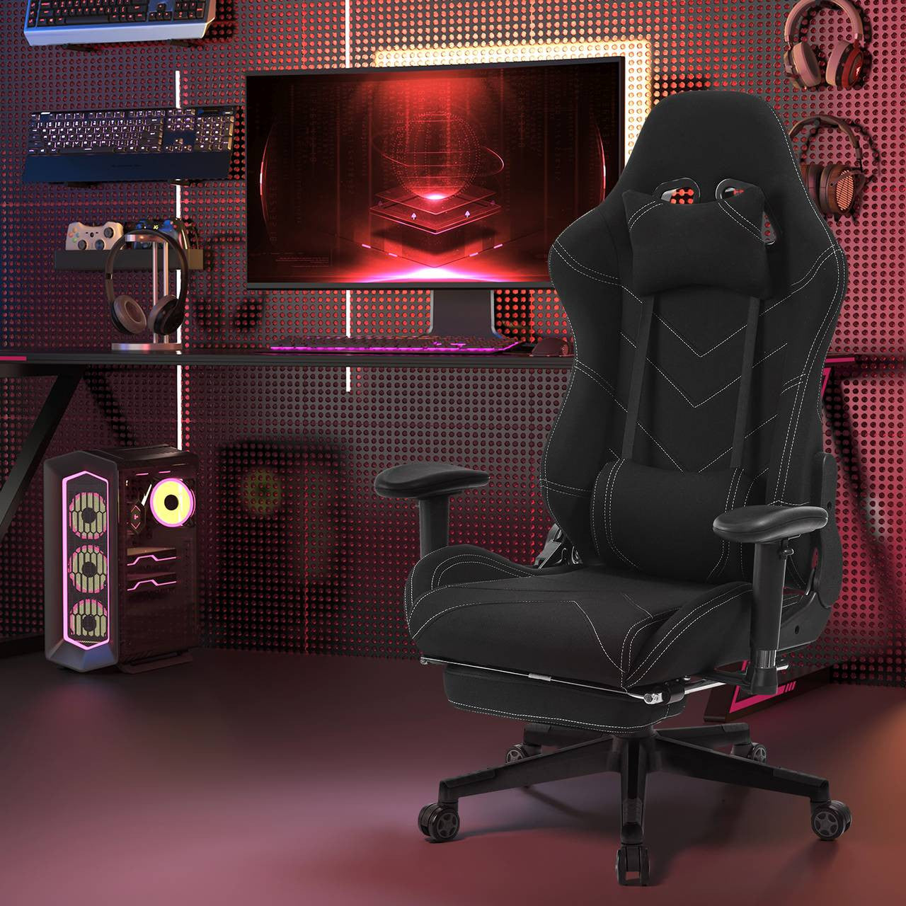 24goodz Gaming Chair with Headrest - Ergonomic Design - Durable Materials - Black - Sz